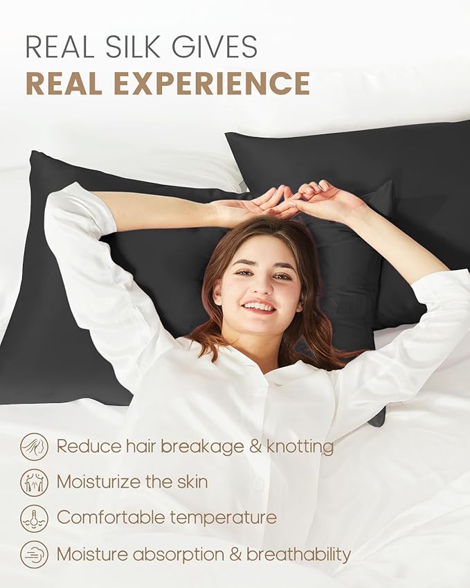 THXSILK Set of 2 100% Mulberry Silk Pillowcase for Hair and Skin Health, Soft Breathable and Smooth Pillowcases with Hidden Zipper, Both Sides Premium 6A+ Silk, California King 20"x40", Black