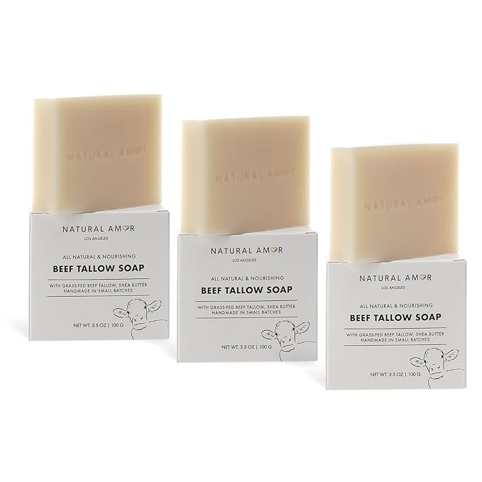 Natural Amor Beef Tallow Soap Bar 3 Pack, Handmade with Organic Grass-Fed Beef Tallow, Shea Butter, Coconut Oil, Natural Soap for Dry or Sensitive Skin Fragrance-Free, 3.5oz Each