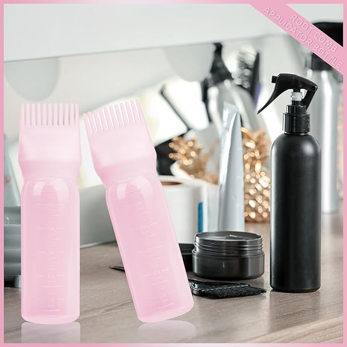 BLAAROOM Root Comb Applicator Bottle 6 Ounce, 4 Pack Hair Oil Applicator with Root Comb Brush for Scalp Hair Oiling - Pink