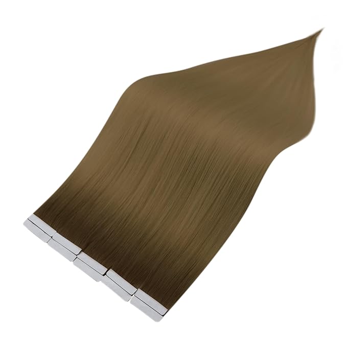 Full Shine Virgin Tape in Hair Extensions Human Hair Ombre Color R3 Dark Brown to 8 Light Brown Hair Extensions Invisible Machine Remy Double Sided Tape in Extensions 10Gram 5Pcs 14Inch for Half Updo