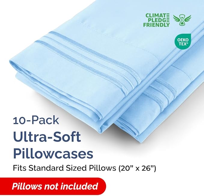 Standard Pillow Cases Set of 10 - Ultra Soft Hotel Quality Pillowcase Covers - Comfy & Wrinkle Free - Shrink, Stain and Fade Resistant - Machine Washable Pillow Protectors - 10 Piece Set - Light Blue