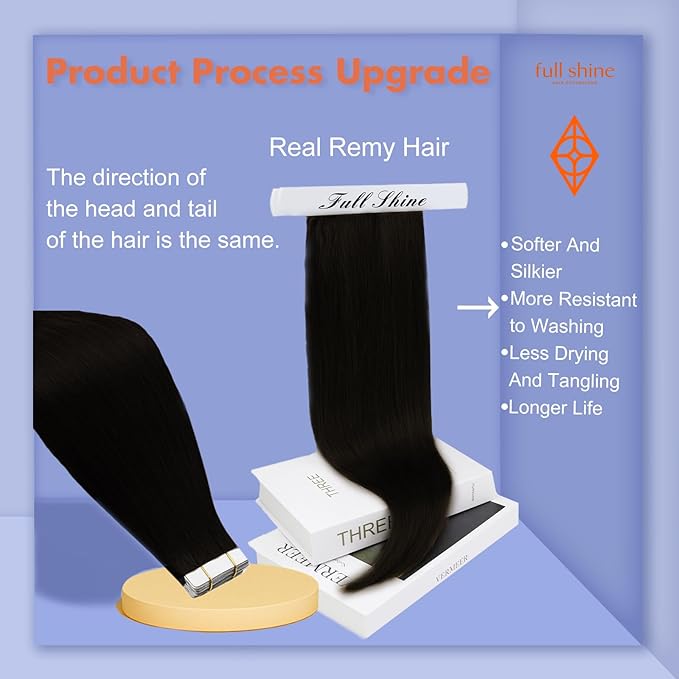 Full Shine Human Hair Tape in Extensions Invisible Skin Weft Color 1 Black Tape in Extensions Real Human Hair 24Inch Long Extension 100G 40Pcs Natural Straight Add Length for Wedding