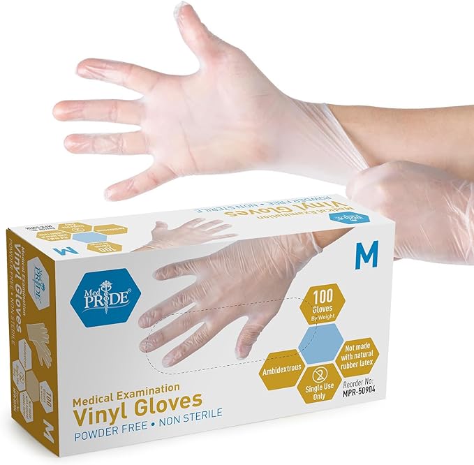 MED PRIDE Medical Vinyl Examination Gloves (Medium, 100-Count) Latex & Rubber Free, Ultra-Strong, Clear Disposable Powder-Free Gloves for Healthcare & Food Handling Use
