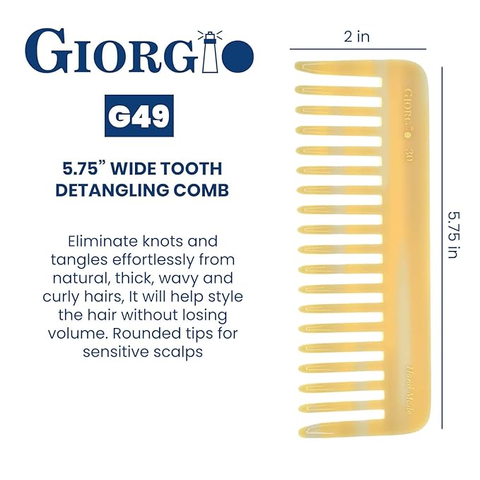 Giorgio G30 Large 5.75 Inch Hair Detangling Comb, Wide Teeth for Thick Curly Wavy Hair. Long Hairs Detangler Comb For Wet and Dry. Handmade of Cellulose, Saw-Cut, Hand Polished, Ivory 6 Pack