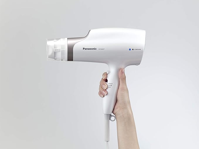 Panasonic Nanoe Salon Hair Dryer with Oscillating QuickDry Nozzle, Blow Dryer with Diffuser and Concentrator Attachments, 3 Speed Heat Settings for Easy Styling and Healthy Hair - EH-NA67-W (White)