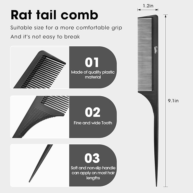 Rat Tail Comb 2-in-1 Rat Tail Comb for Women - Fine Tooth Parting Tip, Carbon Fiber Root Teasing, Anti-Static - Hair Combs for Styling(White, Black)