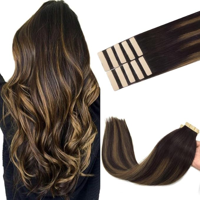GOO GOO Tape in Hair Extensions Human Hair, 2/6/2 Balayage Dark Brown to Chestnut Brown, 24inch 30g 10pcs, Skin Weft Seamless Invisible, Silky Straight with Thick Ends, Remy Human Hair