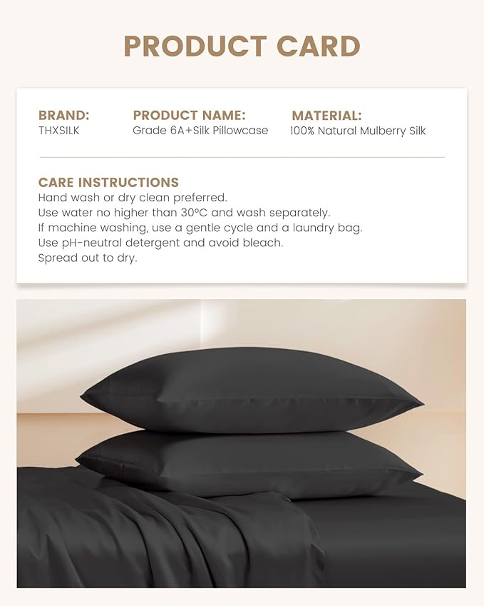 THXSILK Set of 2 100% Mulberry Silk Pillowcase for Hair and Skin Health, Soft Breathable and Smooth Pillowcases with Hidden Zipper, Both Sides Premium 6A+ Silk, California King 20"x40", Black