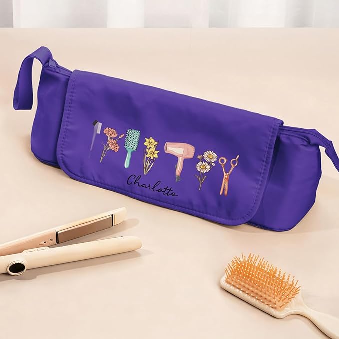 Custom Hair Tools Travel Bag with Heat Resistant Mat Personalized Name 3 Birth Flowers Hair Tool Organizer For Straightener Curling Iron Gifts For Women Mother Daughter 4.7×5.9×18INCH