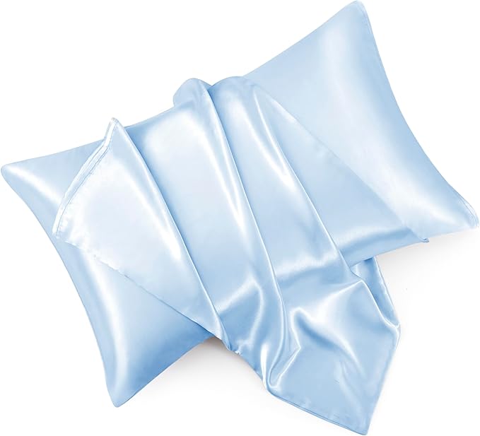 Light Blue Satin Pillowcase Queen Size Set of 2 for Hair and Skin, Light Blue Silk Pillowcase Breathable Pillowcase with Envelope Closure