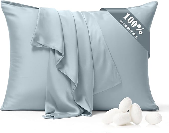 100% Pure Silk Pillowcase 2 Pack for Hair and Skin, Both Sides 23 Momme Grade 6A+ Mulberry Silk Pillowcases with Hidden Zipper, Soft&Smooth Cooling Pillow Cases (Ash Blue, Standard 20x26)