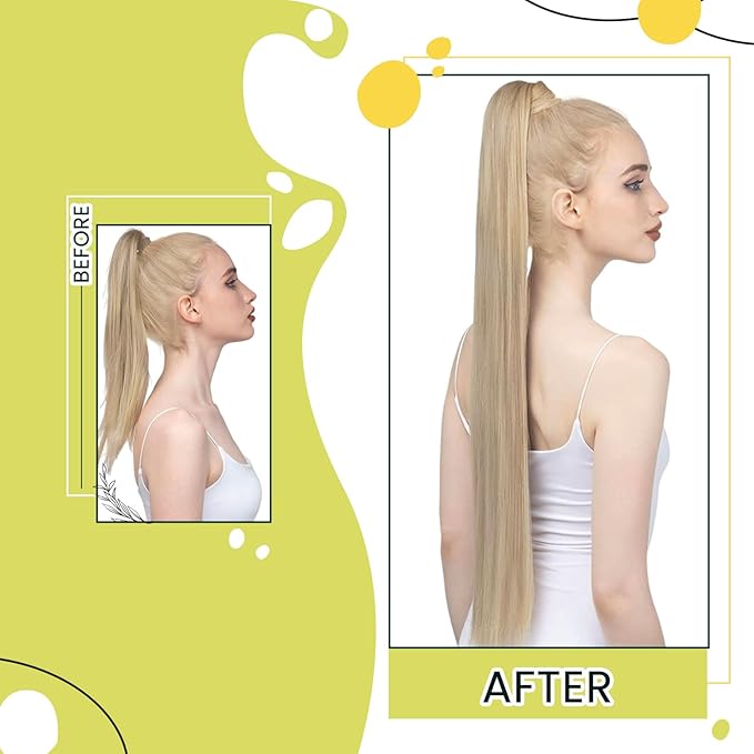RUNATURE Human Hair Ponytail Extension Golden Blonde 14 Inch Ponytail Extensions Human Hair Light Blonde Highlighted Wrap Around Ponytail Human Hair Extensions Short Pony Tails Hair Extensions 70g