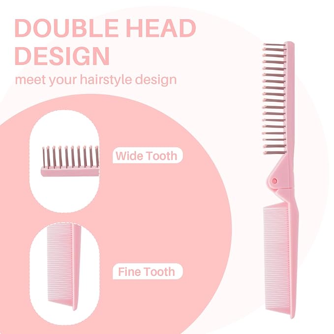 RHOS Portable Travel Mini Hair Brush - Compact Foldable Double-Headed Detangling Comb for Purse, Bags - Pocket-Size for Women and Girls (Pink)