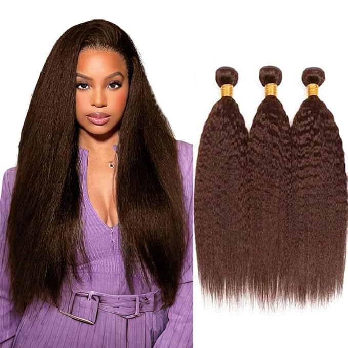Color 4 Human Hair Bundles Brown Yaki Straight Bundle Mixed Length 3 Bundles 22 24 26 Inch Niegmeag Brazilian Virgin Soft and Sikly Remy Hair Extensions
