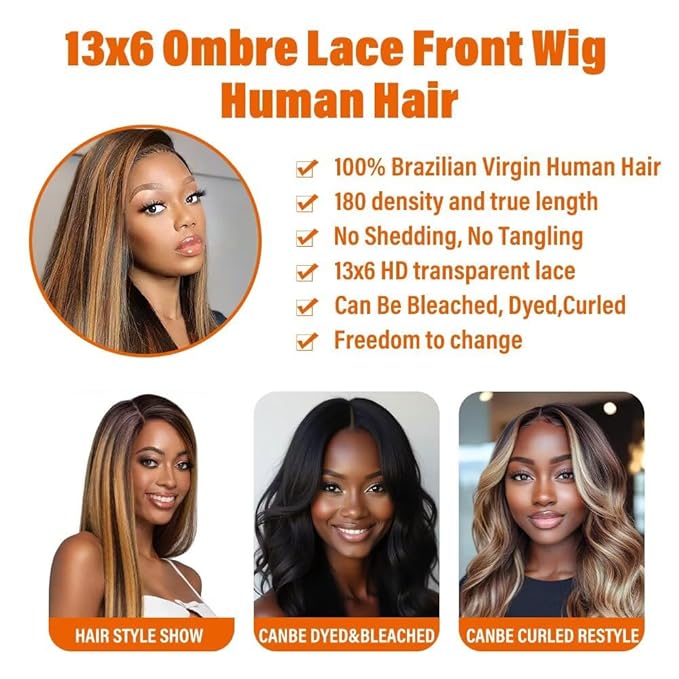 13x6 Ombre Lace Front Wigs Human Hair for Women 180 Density 4/27 Highlight Colored HD Transparent 28 Inch Straight Lace Front Wig Human Hair Pre Plucked Glueless Lace Frontal Wigs