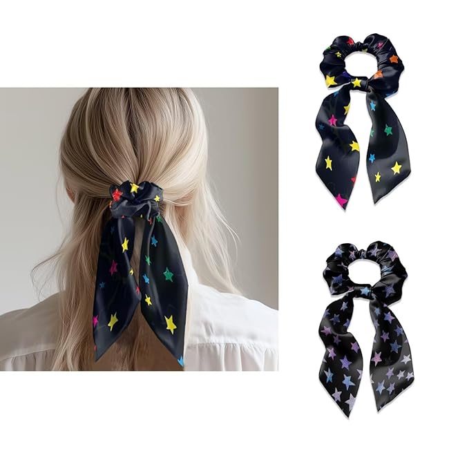 Star Hair Scarf for Women Ponytail Scrunchies Fashion Travel Accessory 2 Pcs Silky Hair Scrunchy Ribbon Scrunchies Ponytail Holder