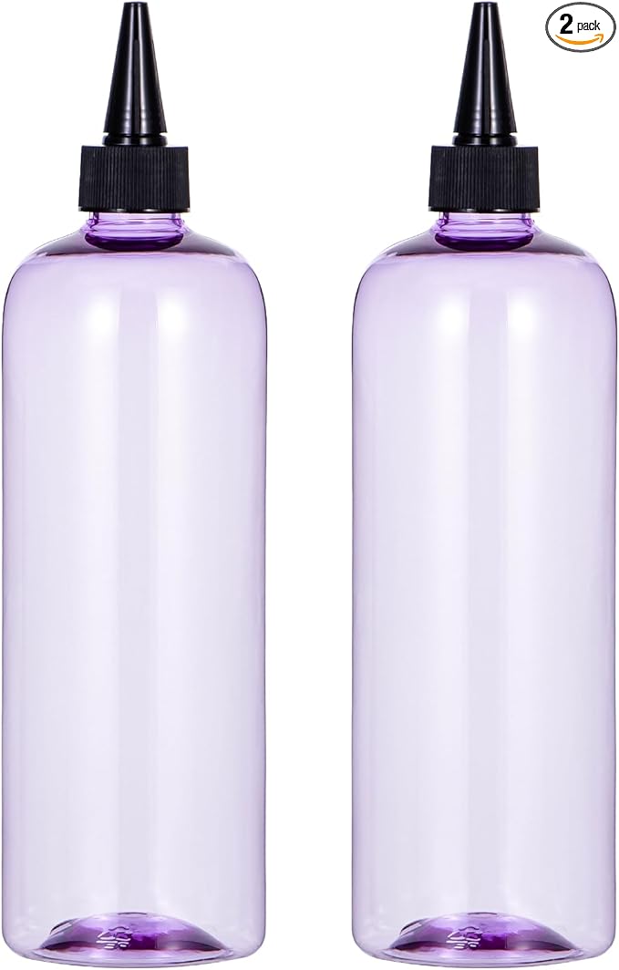 driew Applicator Bottles for Hair, 16.9oz Hair Squeeze Bottle for liquids Twist-On Top Tip Cap with Ratio Graduated Scale Color Applicator Bottle Dye Pack of 2 (16.9oz Clear Purple)