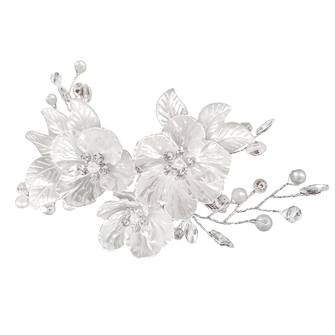 Bride Flower Silver Piece Pearl Hair Clip,Wedding Hair Accessories for Women and Bridesmaids,Silver Pearl Crystal Fancy Clip