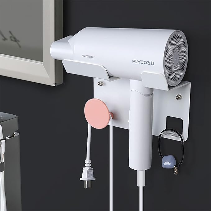 Hair Dryer Stand Holder Wall Mounted, New Upgrade Punching or Nails Free Glue Two Ways to Use,Blow Dryer Holder Rack Organizer for Dyson Supersonic Hair Dryer(White+Pink)