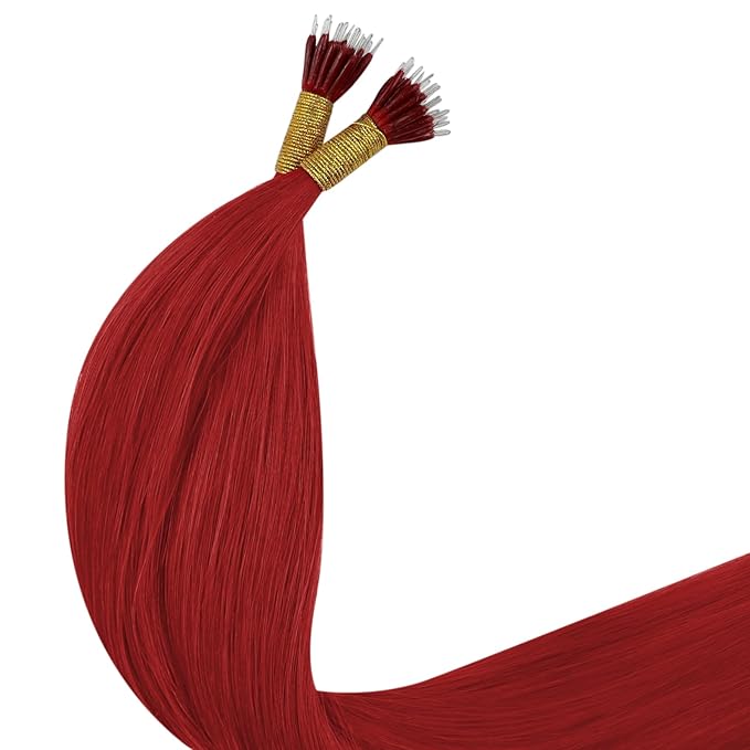 YoungSee Nano Ring Hair Extensions Red Nano Bead Hair Extensions Human Hair Colored Nanobead Human Hair Extensions Red Nano Extension Remy Hair Nano Loop Hair-Extension Cold Fusion 14in 25g 25s