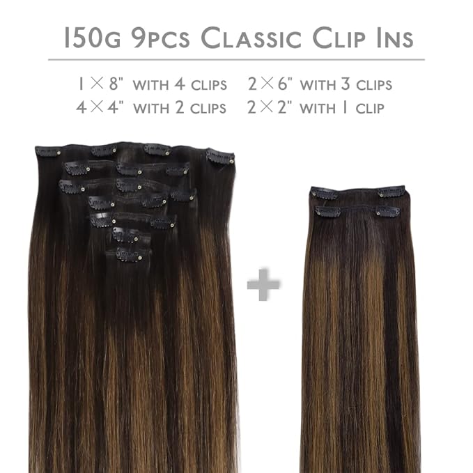 WENNALIFE Clip in Hair Extensions, 150g 14 Inch 9pcs Balayage Dark Brown to Chestnut Brown Human Hair Extensions Thicker Clip in Hair Extensions Real Human Hair Clip Set Double Weft