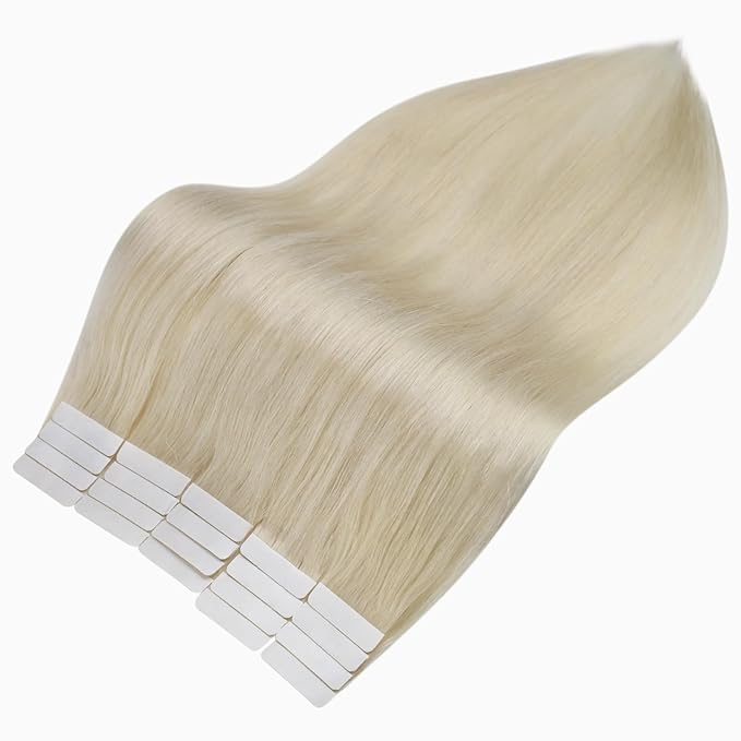 Full Shine Blonde Tape in Hair Extensions Human Hair 10Inch Color 60 Platinum Blonde Tape in Extensions 30G Natural Tape In Human Hair Extensions Seamless Skin Weft Hair Extensions 20 Pcs for Wedding