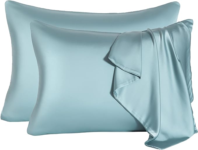 2 Pcs Mulberry Silk Pillowcase for Hair and Skin,Cooling Silk Pillow Case with Hidden Zipper,Allergen Proof Dual Sides Soft Breathable Smooth Silk Pillow Cover for Women.(Standard-2PCS,Aqua Blue)