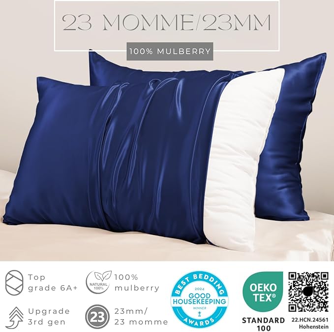 PROMEED 100% Mulberry Silk Pillowcase for Hair and Skin - Allergen Resistant Both Sides 23 Momme 1400 TC Silk Bed Pillow Cases with Hidden Zipper, 1PC (Standard 20"x26", Navy)