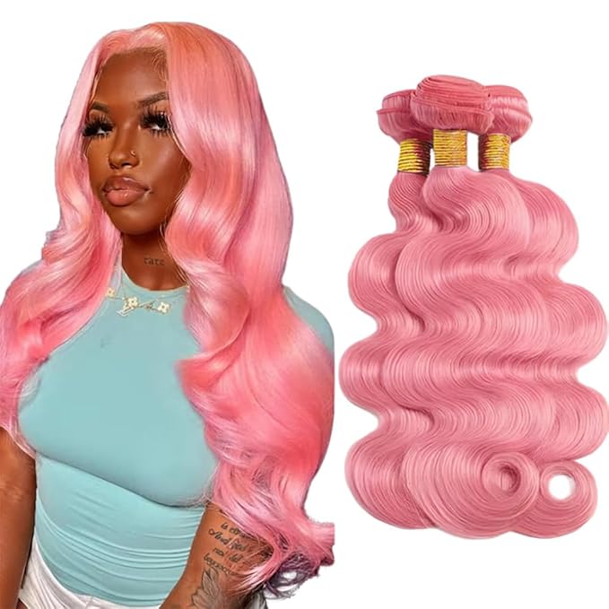 Pink Body Wave Bundles Pure Pink Human Hair Bundles Grade 8A Brazilian Virgin Remy Hair Extensions 20 22 24 Inch Double Weft Hair Weave 300g