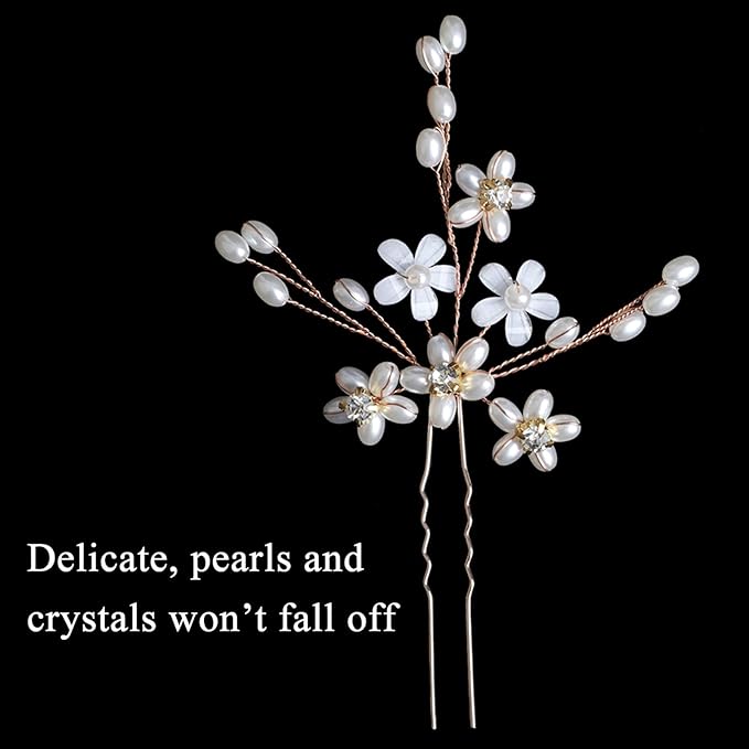 Elegant Pearl Wedding Hair Pins, Bendable Floral Crystal Hair Accessories for Bridal Women, Pack of 3 (Rose Gold)