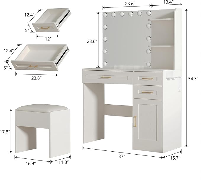 Vanity Desk with Mirror and Lights, 37 inch Vanity Set with Storage Chair & Power Outlet, White Makeup Vanity with 3 Drawers & Large Cabinet, 3 Colors Lighting Adjustable Brightness, Hair Dryer Rack