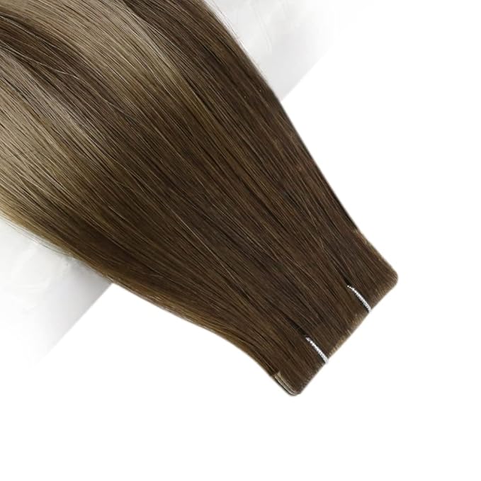 Full Shine Virgin Tape in Hair Extensions 5Pcs 14 Inch Injection Tape in Extensions Human Hair Color 4 Medium Brown Fading to 27 Honey Blonde And Brown Seamless Tapes in Human Hair for Women 10 Gram