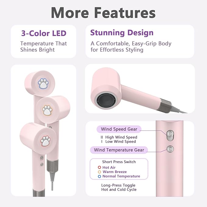Diffuser Hair Dryers for Women Men, KIKVOOL 110000 RPM Fast Ionic Blow Dryer for Thick Hair, Protable Travel Hair Diffuser Dryer, Brushless Motor, 3 Temps/2 Speeds Lightweight Hairdryer, Pink