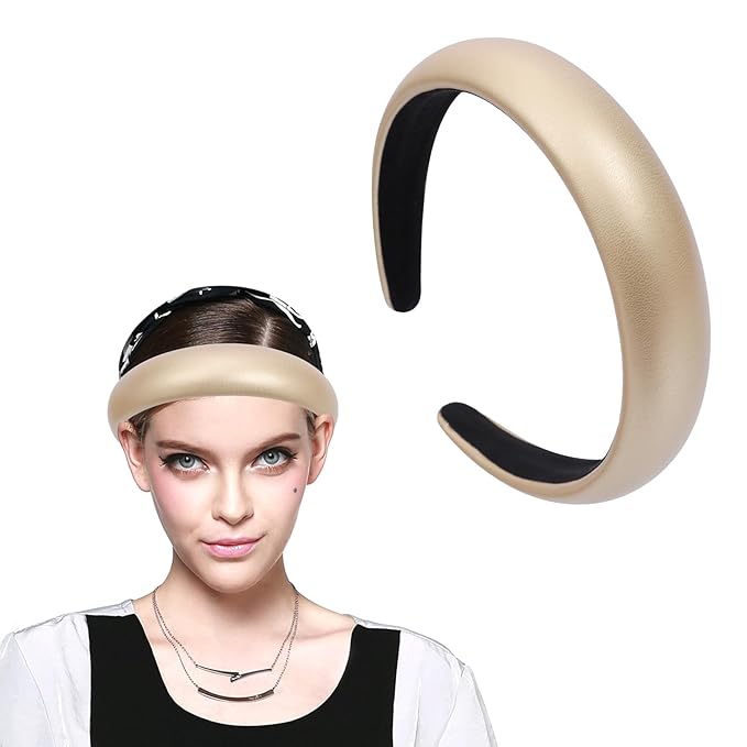 Gold Wide Headband for Women Soft Leather Padded Headband Fashion Dressy Head Band High Elastic Comfortable Hairband Hair Accessories for Womens Hair