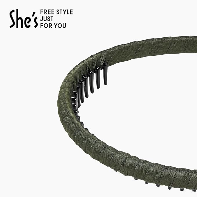 SHE'S FREE STYLE JUST FOR YOU Upgraded Classic Thin Headbands for Women, Non-Slip Polyester & Plastic Hair Bands with Teeth for Strong Hold Grip, Durable Hair Accessories (Green-D0, Upgrade)