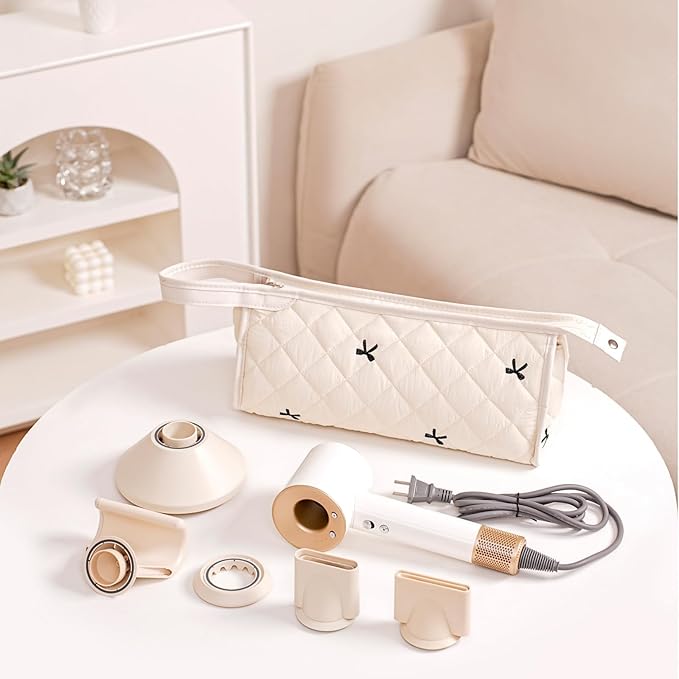 Large Quilted Hair Tools Travel Bag,Aesthetic Waterproof Hair Styling Accessories Storage Case for Flat Irons,Straightener,Curling Iron,Hair Dryer,Dyson Airwrap Travle Bag（05White Bow）