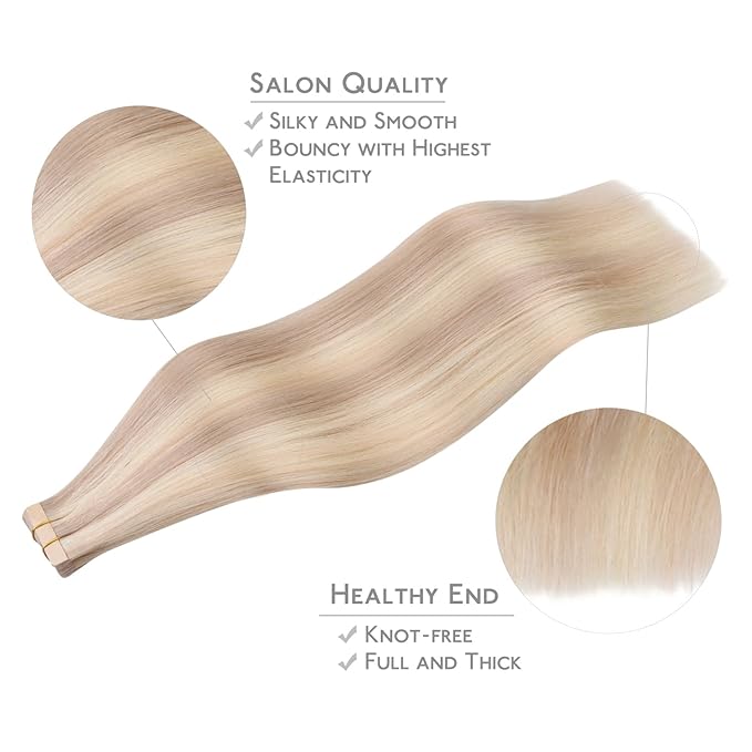 WENNALIFE Tape in Hair Extensions Human Hair, 20pcs 60g 26 inch Balayage Light Wheat Platinum Blonde Remy Hair Tape in Extensions Skin Weft
