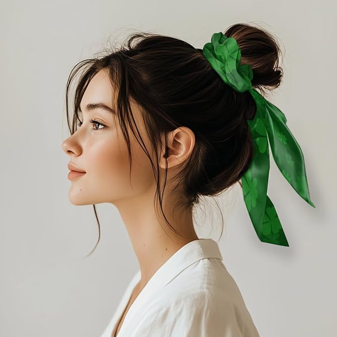 2 Pack St Patricks Green Four Leaf Hair Scarf for Women Ponytail Scrunchies Long Ribbon Scrunchies for Little Gilrs No Damage Knotted Bow