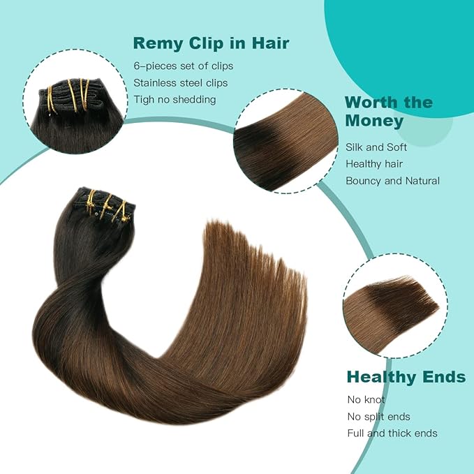 SURNEL Hair Extensions Clip Ins Balayage Natural Black to Chocolate Brown Clip in Hair Extensions 22 Inch 6pcs 120g(#1BT4,22'')