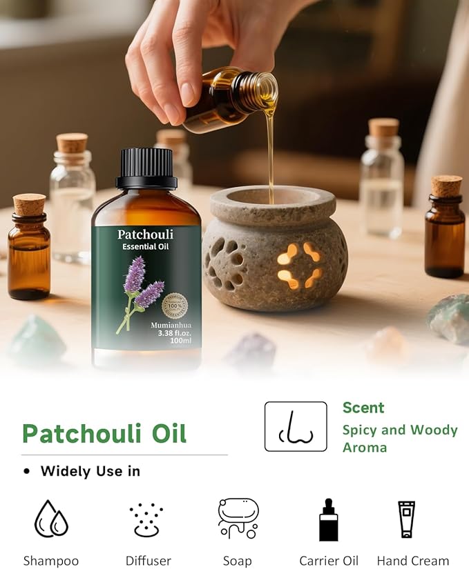 Pure Patchouli Essential Oil for Outdoor Shield, Natural Protective Blends, Earthy Aroma for Reed Diffuser, Room Spray, Hair, Skin Care, Candle, Soap Making, Mumianhua 3.38 Fl Oz