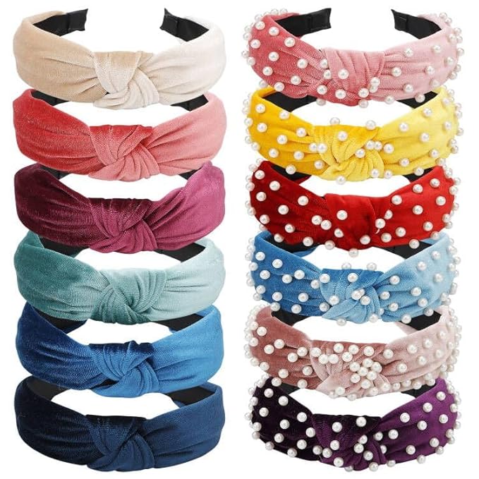 VELSCRUN Pearl Headbands with Beads: White, Pink, Red, Blue Knotted Wide Top Knot Hair Accessories for Women and Girls