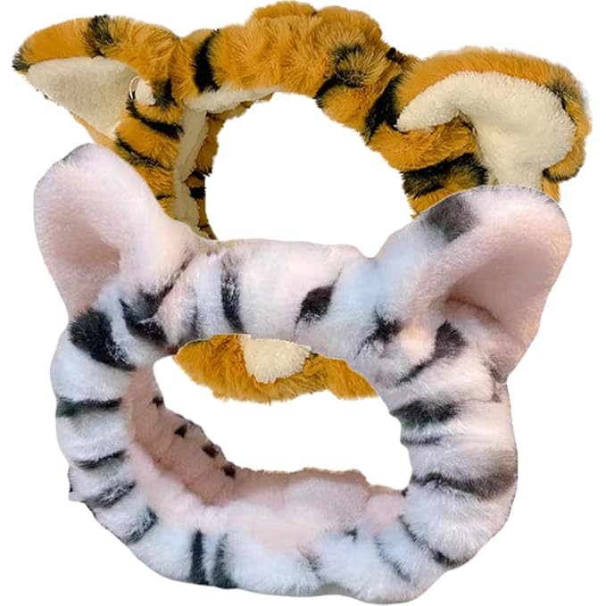 2pcs Tiger Plush Hairbands for Women Wide Elastic Fuzzy Head Wraps with Cute Ears Soft Spa Headbands for Face Washing Makeup Skincare Shower and Mask Application White Yellow