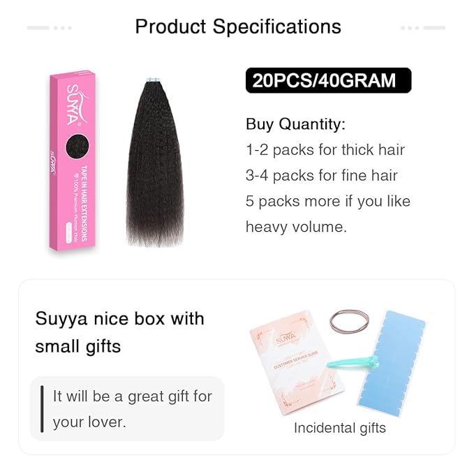SUYYA Tape in Hair Extensions Human Hair Kinky Straight Tape in Extensions Natural Black 14 Inch Skin Weft 40g/Pack 20PCS Tape INS for Women (#1B Natural Black)