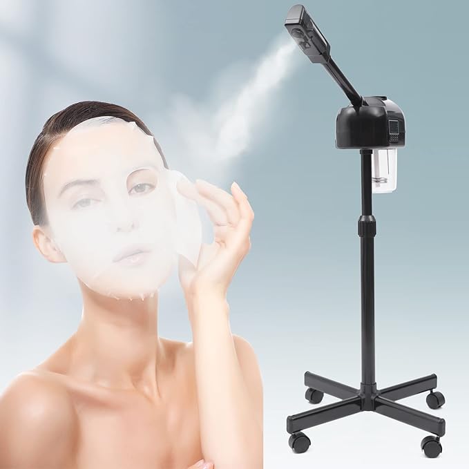 Professional Facial Steamer, 750W Black Skin Care Equipment w/Wheels & LCD Panel, PTC Heating, 600ml Large Capacity Face Steamer Machine, Adjustable Height Hot Mist Steamer for Beauty Salon