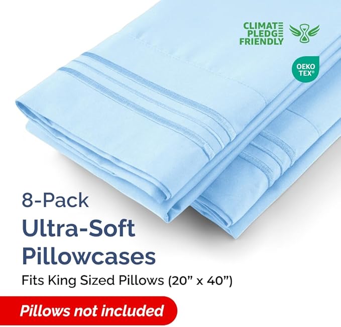 King Pillow Cases Set of 8 - Ultra Soft Hotel Quality Pillowcase Covers - Comfy. Cozy & Wrinkle Free - Shrink, Stain and Fade Resistant - Machine Washable Pillow Protectors - 8 Piece Set - Light Blue