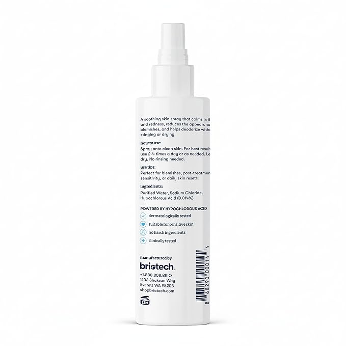 BRIOTECH Topical Skin Spray, Hypochlorous Acid Spray for Sensitive Skin, HOCl Facial Mist, Full Body Support Against Irritation, Calm Redness, Soothe Foot & Scalp, 8 oz (1 Pack)