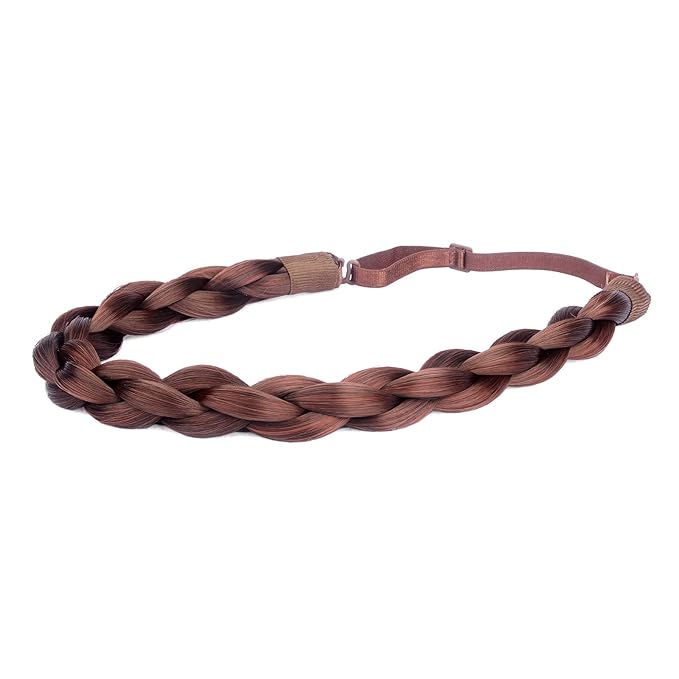 DIGUAN Chubby Narrow Synthetic Hair Braided Headband Classic Chunky Plaited Braids Elastic Stretch Hairpiece Women Girl Beauty, 58 g (Reddish Brown)