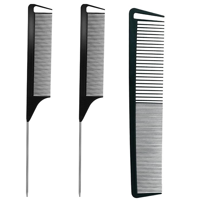 3 Pcs Rat Tail Comb Parting Combs for Braids Barber Styling Combs Carbon Fiber Teasing Stainless Steel Pintail Comb for Women Men Fine Teeth Salon Hairdressing Hair Care Tools
