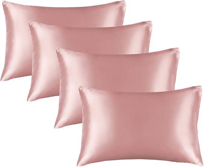 BEDELITE Satin Pillowcase for Hair and Skin, Super Soft Similar to Silk Pillow Cases 4 Pack with Envelope Closure, Cooling Pillowcases for Women Men (20"x26" Standard Size, Rose Pink)