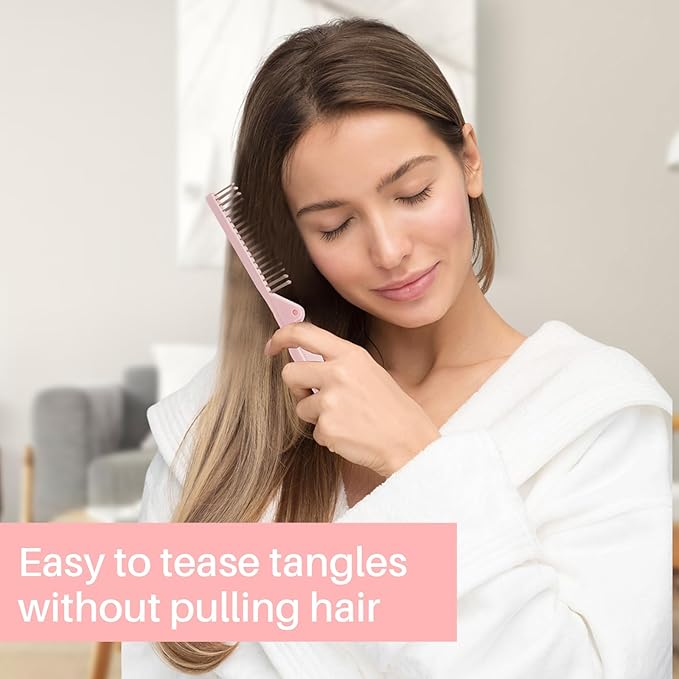 RHOS Portable Travel Mini Hair Brush - Compact Foldable Double-Headed Detangling Comb for Purse, Bags - Pocket-Size for Women and Girls (Pink)